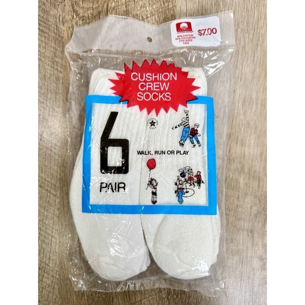 Vintage 6 Pack Cotton Blend Socks Youth/Kids 4-6.5 White Crew Cushion USA NEW